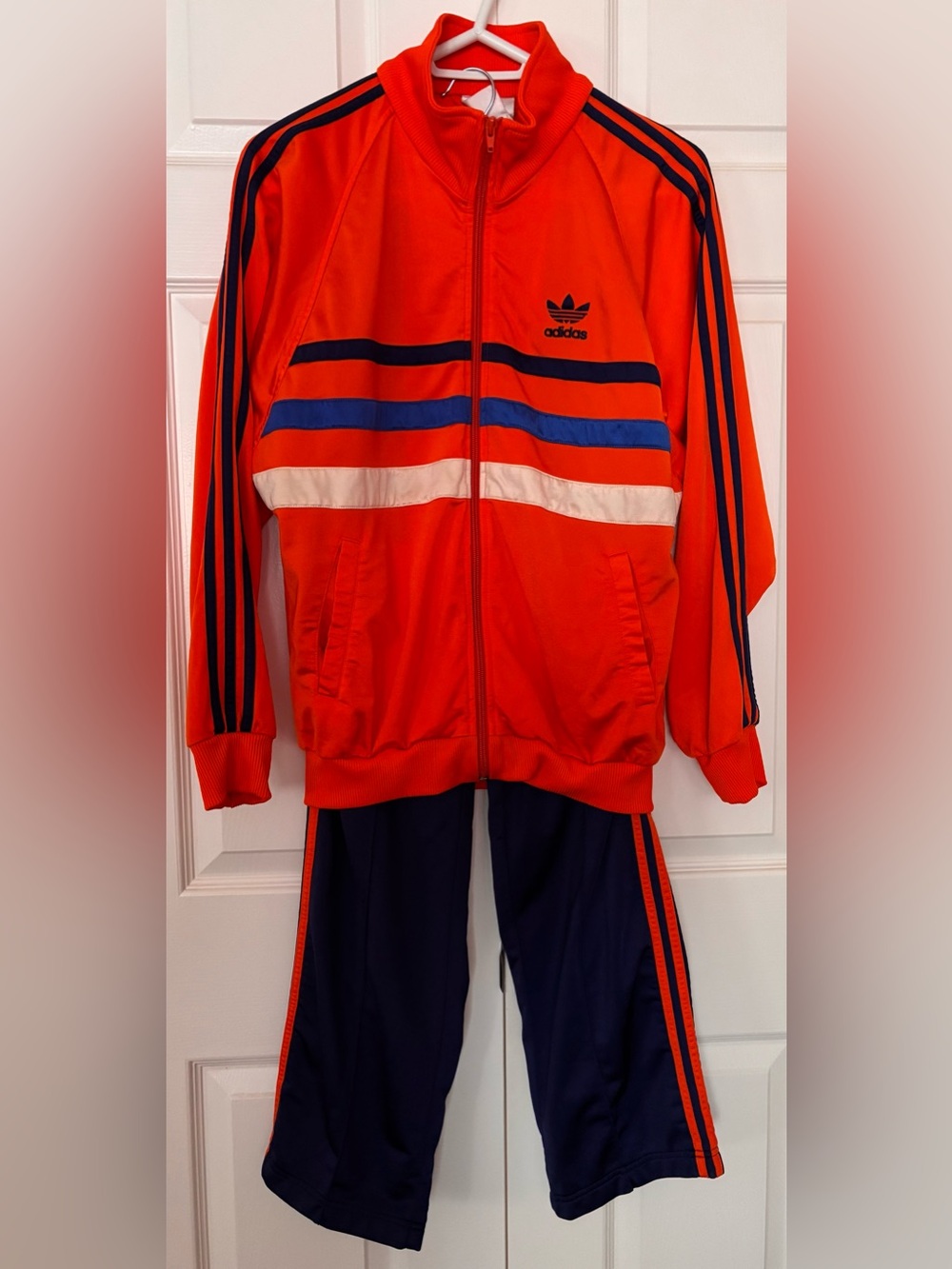 Adidas Classic Sportswear Orange and Navy Blue 3 Strip Matching Tracksuit Size S